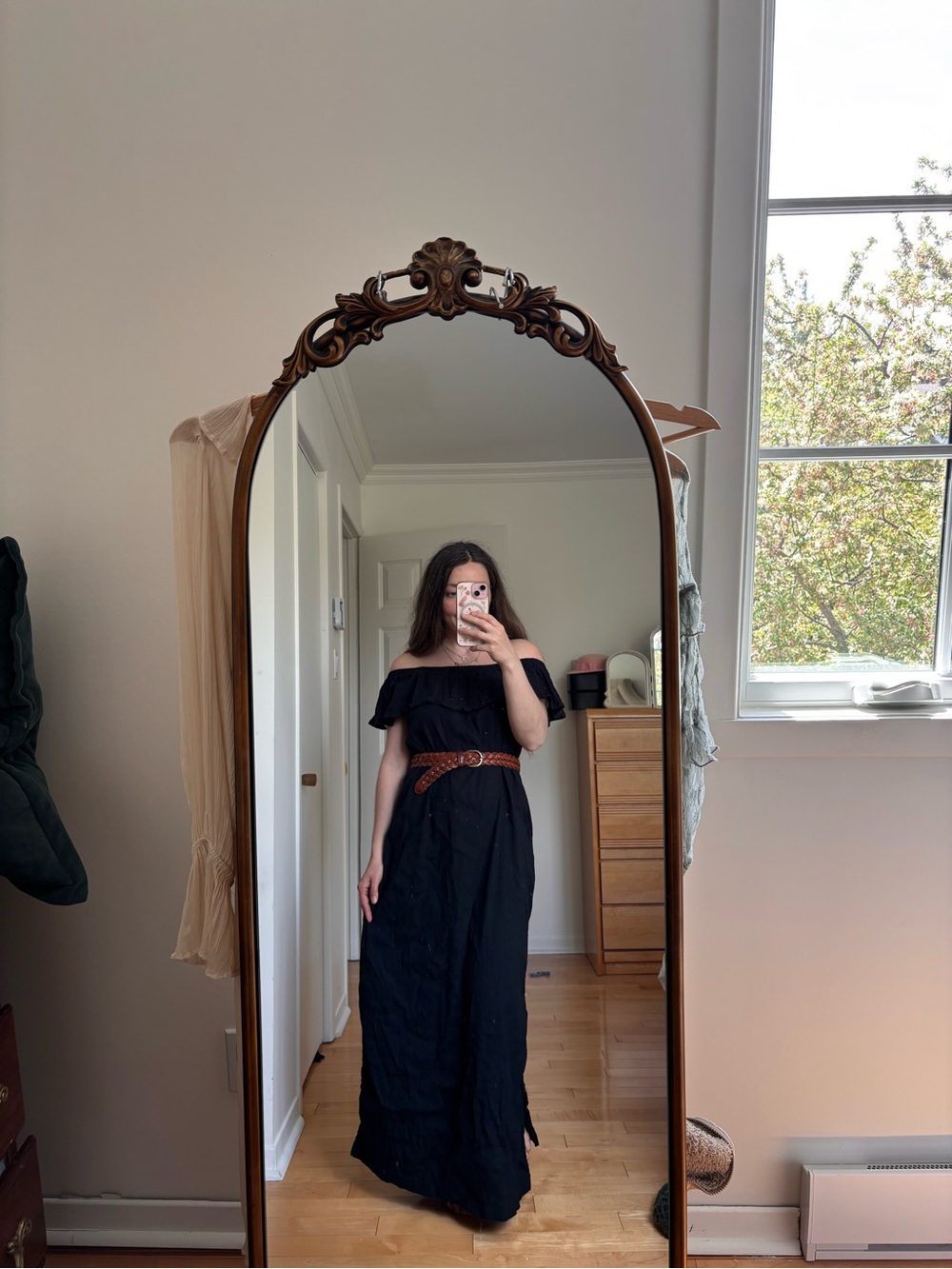 Linen Off-Shoulder Black Maxi Dress